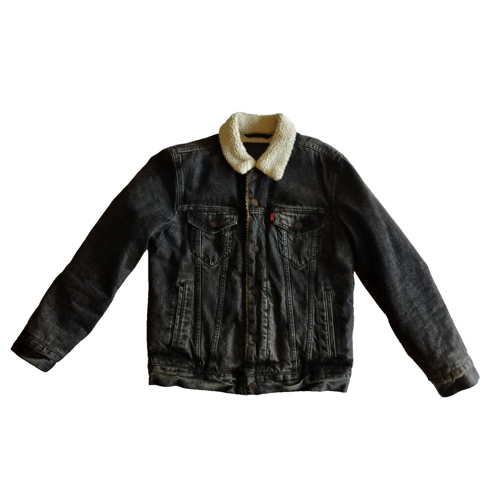 Levis Sherpa Lined Denim Trucker Jacket Mens Small S Black Faded 163650012